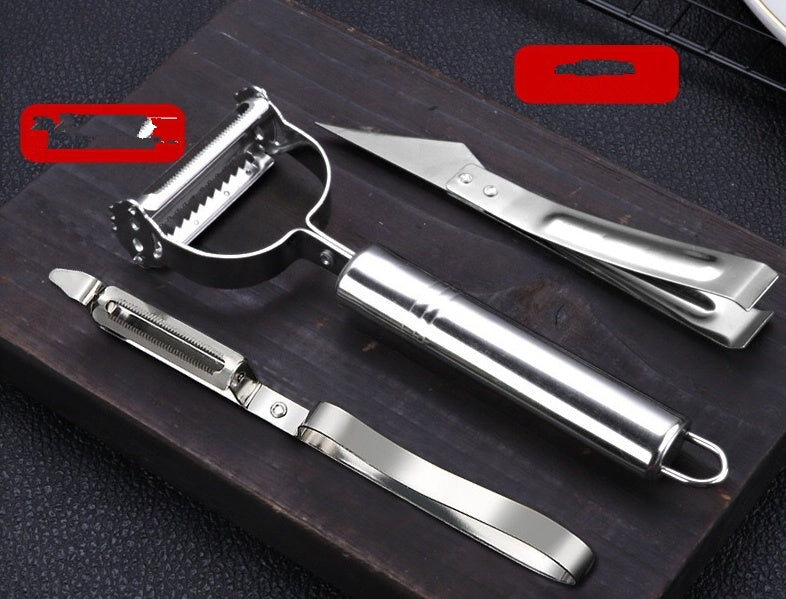 Stainless Steel Peeler Three-Piece Set, Household Melon And Fruit Planing Duck Feather Clip, Double-Headed Peeling Knife And Grater