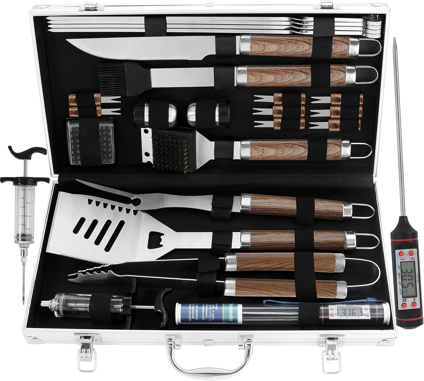 Grilljoy 24PCS BBQ Grill Tools Set With Meat Thermometer And Injector - Extra Thick Stainless Steel Fork, Spatula& Tongs - Complete BBQ Accessories In Aluminum Case - Perfect Grill Gifts For Men